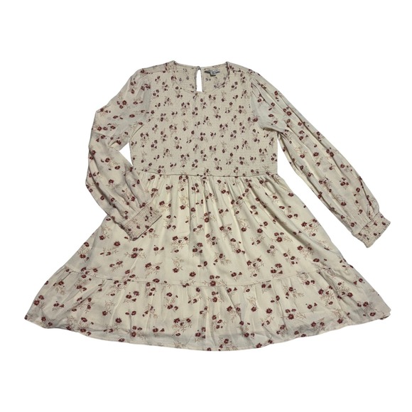 American Eagle Cream & Rust Floral Dress Smocked Long Sleeve Boho Casual Sz L - Picture 1 of 9